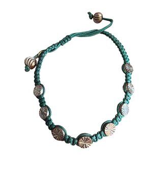 Rose Gonzales Green Braided Bracelet Copper Tone Sunburst Beads Slide Adj NWOT